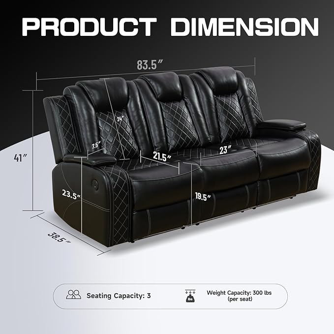 PU Leather Power Wall Hugger Chair Double Reclining Sectional Sofa 3-Seater Loveseat Couch with Reversible Coffee Table, Wireless Chargers, USB Port and Ambient LED Light for Living Room RV Theater
