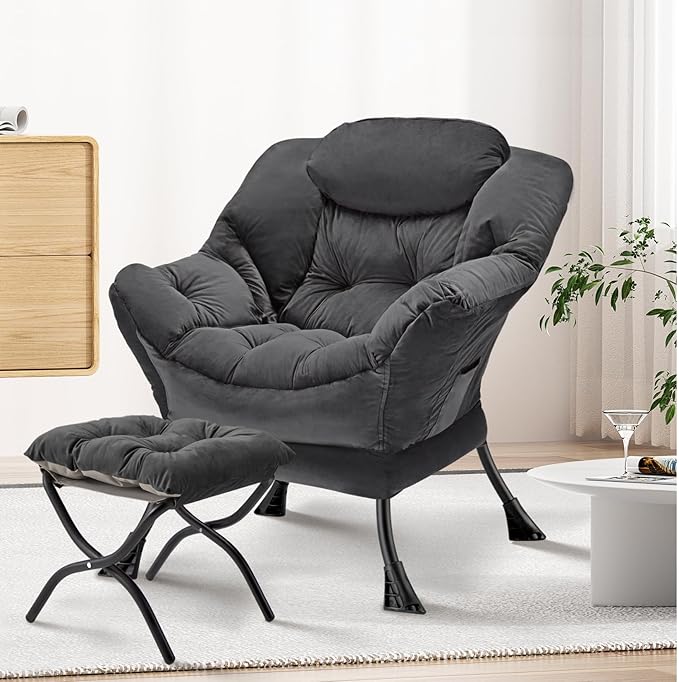 Lazy Chair with Folding Ottoman Modern Large Accent Chair,Contemporary Lounge Leisure Sofa Chair with Armrests Upholstered Sofa Armchair Reading Chair for Bedroom,Dorm & Office (Dark Grey-f)