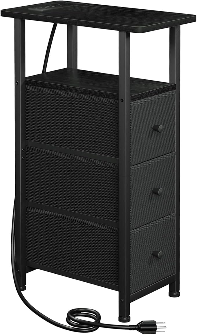 Narrow End Table Living Room with Charging Station, Skinny Side Table with Fabric Drawers, Slim Nightstand for Bedroom, Small Spaces, Couch, Black, HETNDP03BK-1