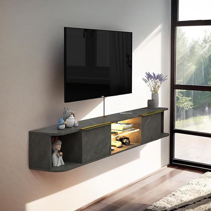 Pmnianhua LED Floating TV Stand with 2 Drawers for 80 inch TV,78'' Floating TV Shelf with LED Lights,Wall Mounted TV Console,Floating Shelf for Under TV (Dark Grey)