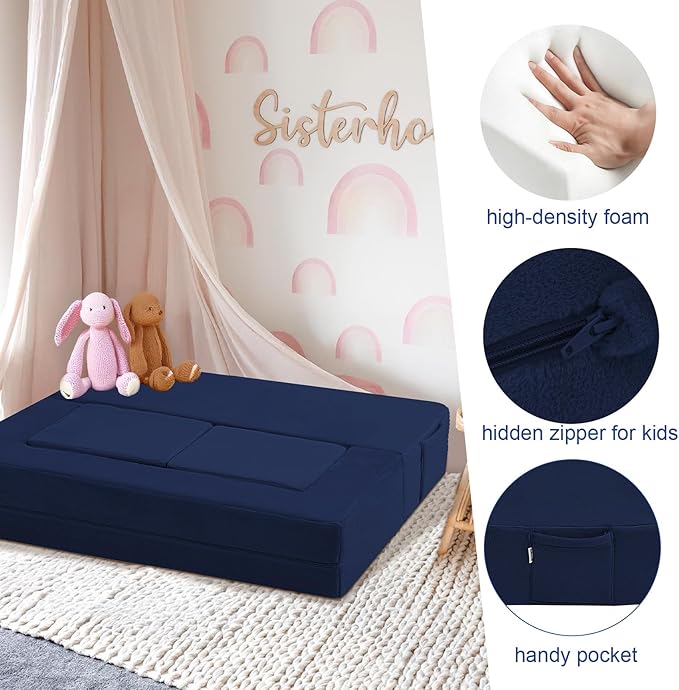 MeMoreCool Convertible Modular Kids Foam Play Couch Sofa – Navy Fold-Out Toddler Couch for Playroom or Bedroom