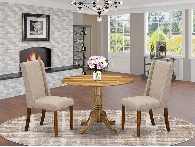 East West Furniture DLFL3-ANA-04 3 Piece Dining Table Set Contains a Round Dining Room Table with Dropleaf and 2 Light Tan Linen Fabric Upholstered Chairs, 42x42 Inch, Natural