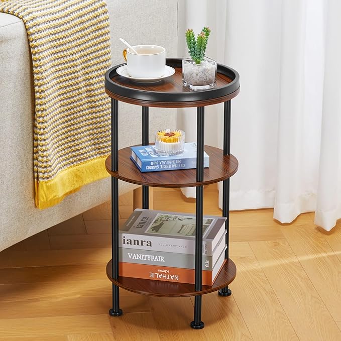 Side Table, Small Round Side Table for Small Spaces, 3-Tier Round Accent Table Slim Side Table, Modern Sofa End Table Corner Table for Living Room Bedroom Nightstand (Classic, Cherry)