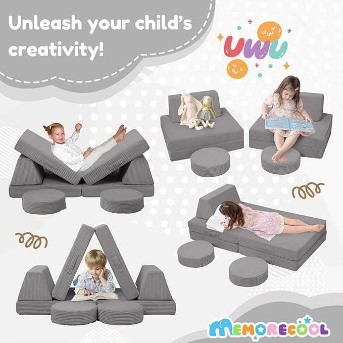 MeMoreCool Kids Couch for Playroom, Corduroy Convertible Toddler Couch, 8 Piece Modular Play Sofa, Foam Fort Building Set for Child Room Furniture, Light Grey