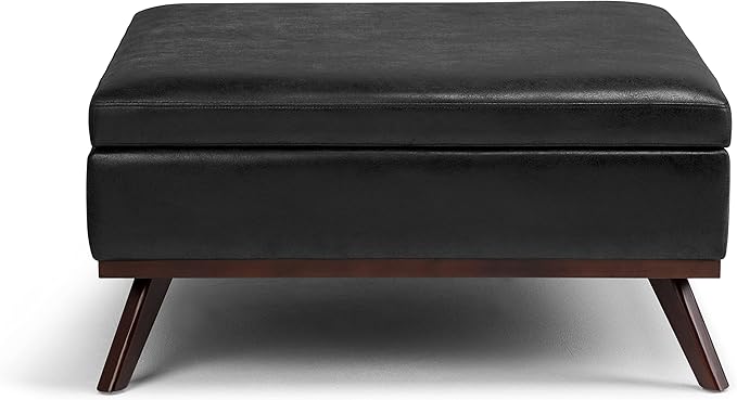 SIMPLIHOME Owen 36 inch Wide Mid Century Modern Square Coffee Table Storage Ottoman in Distressed Black Vegan Faux Leather, Assembled, for the Living Room, Entryway and Family Room