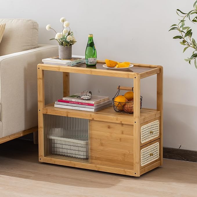 Bamboo Side Table Nightstand with Rattan Drawer & Glass Top – Multi-Function End Table, Nightstands with Storage for Bedroom, Living Room, and Small Spaces, Nature