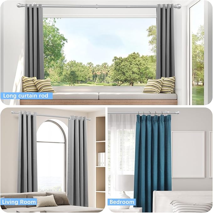 Curtain Rods for Windows 16 to 92 Inches, Curtain Rod Max Adjustable Length of 104 IN, 6/8" Diameter Drapery Rods Round Finials, Satin Silver, Pack of 1