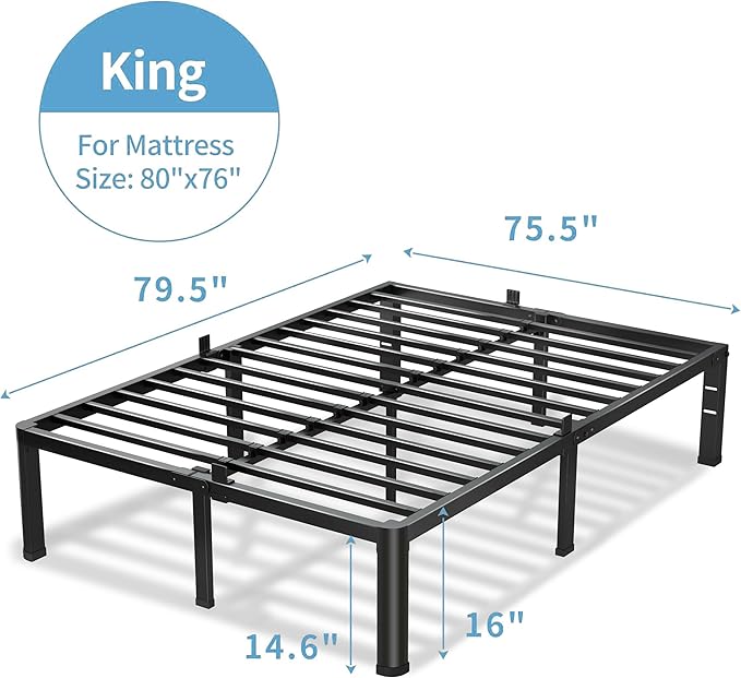 16 Inch King Size Bed Frame, 3500Lbs Heavy Duty Metal Platform with Round Corner Legs Mattress Slide Stopper, Steel Slat Support No Box Spring Needed, Noise Free, Non-Slip, Easy Assembly