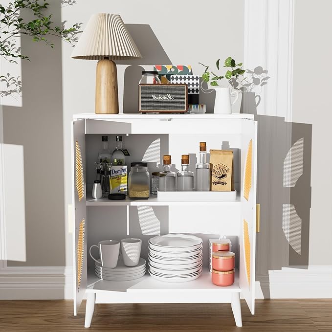 Buffet Cabinet White with Storage, Kitchen Sideboard with Doors & Shelves, Rattan Accent Buffet Console Walnut Media Console Mid Century Coffee Bar Table for Living Room Kitchen Dining Room