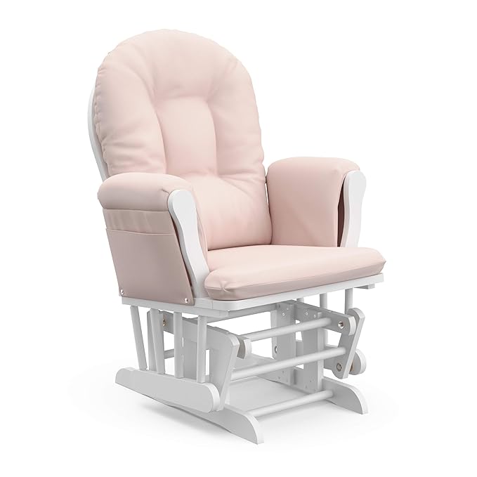 Storkcraft Premium Hoop Glider & Ottoman (White/Pink) — GREENGUARD Gold Certified Nursery Glider, Solid Wood Craftsmanship, Smooth-Gliding Nursery Chair and Ottoman, Award-Winning