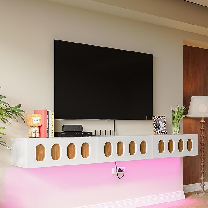 Floaticase Fully Assembled Floating TV Stand, 47IN High Gloss Wall Mounted Entertainment Center with Flip-Down Doors & Drawers, TV Console Under TV Shelf for Bedroom Livingroom