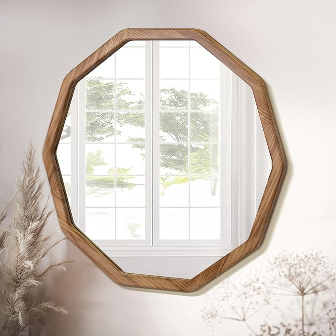 ULIKE Wood Mirror for Wall, 24 Inch Rustic Farmhouse Mirror with Wood Frame, Decorative Wall Mounted Vanity Mirrors for Bathroom Bedroom Living Room Entryway, Brown
