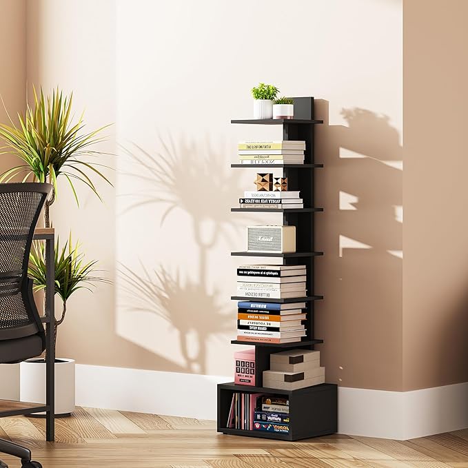 TUTOTAK Narrow Bookshelf, Vertical 8-Tier Bookcase, Spine Book Shelf for Small Space, Small Standing Shelf for Living Room, Office, Study, Entryway, Black BS07BK008