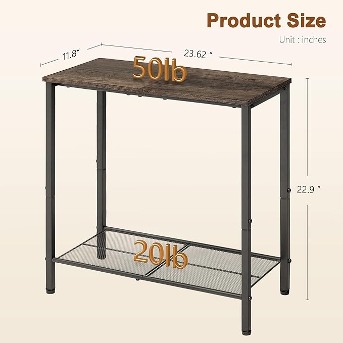 Hoctieon 2 Tier End Table, Sofa Side Table, Narrow Side Table with Storage, Slim Nightstand for Small Spaces, Metal Frame, for Living Room, Bedroom, Sofa Couch, Hall, Grey