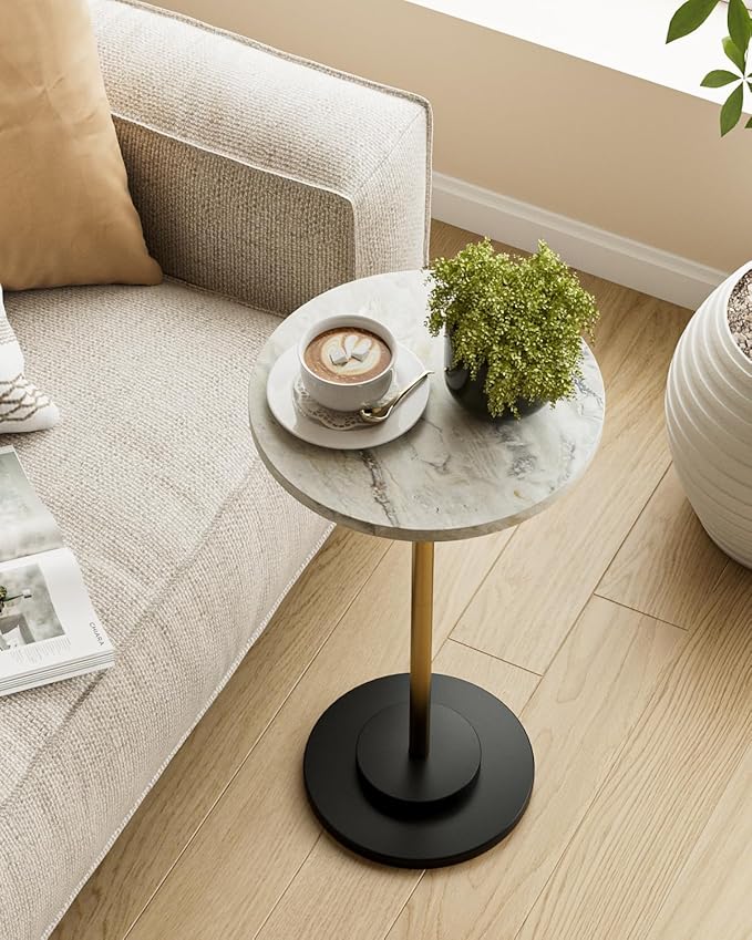 Round Side Table, Small Drink Table for Small Spaces, Modern Accent End Table Coffee Table with Metal Leg for Living Room, Bedroom, Corners, and Office (Marble)