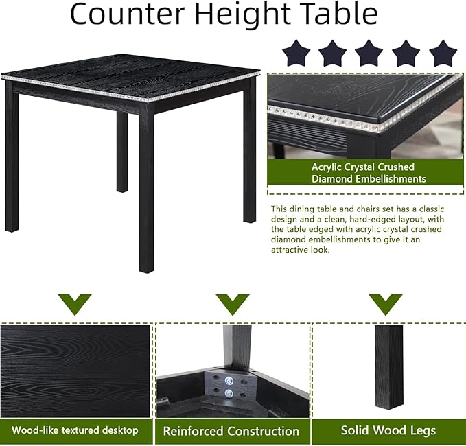 Dining Table Set for 4, 5-Piece Dining Room Table Set with Square Crystal Decoration Table & 4 Upholstered Backrest Chairs, Counter Height Kitchen Sets with Faux Wood Grain Design, Black
