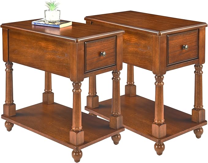 LEEMTORIG Set of 2 Solid Wood End Table Narrow Side Table with Drawer, Cherry Wood End Table Living Room, 13" W Slim Bedside Table, 22" D x 22.3" H, No-Tools Assembly, Beeswax Brown BBJ-004-DR