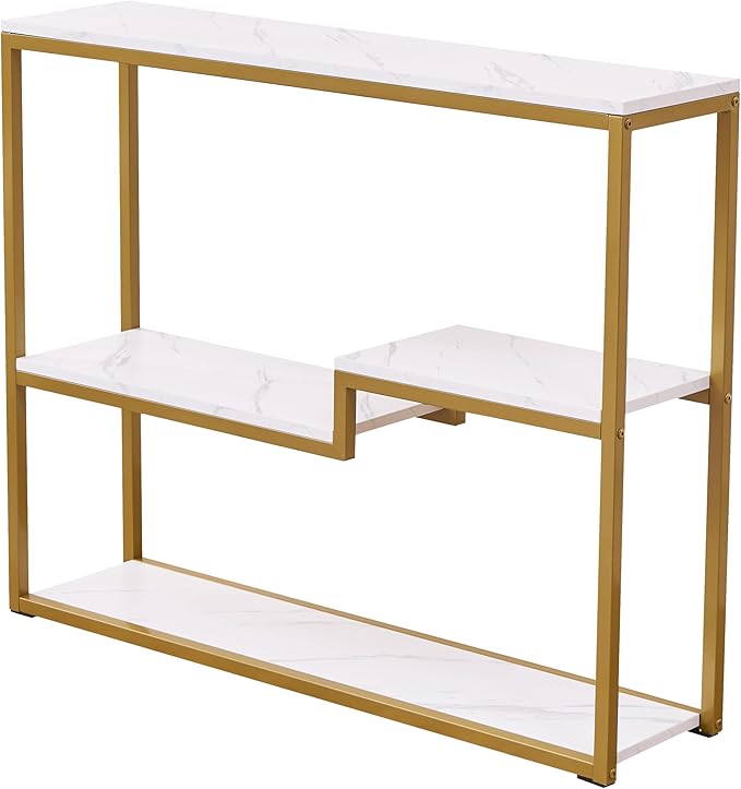 loglus Console Table for Entryway, Faux Marble MDF Sofa Table with Golden Frame (Multilayer, White Marble)