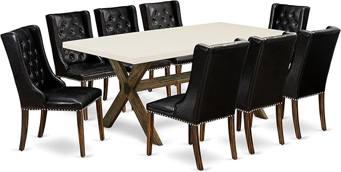 East West Furniture X727FO749-9 9 Piece Dining Room Furniture Set Includes a Rectangle Dining Table with X-Legs and 8 Black Faux Leather Parsons Chairs, 40x72 Inch, Multi-Color