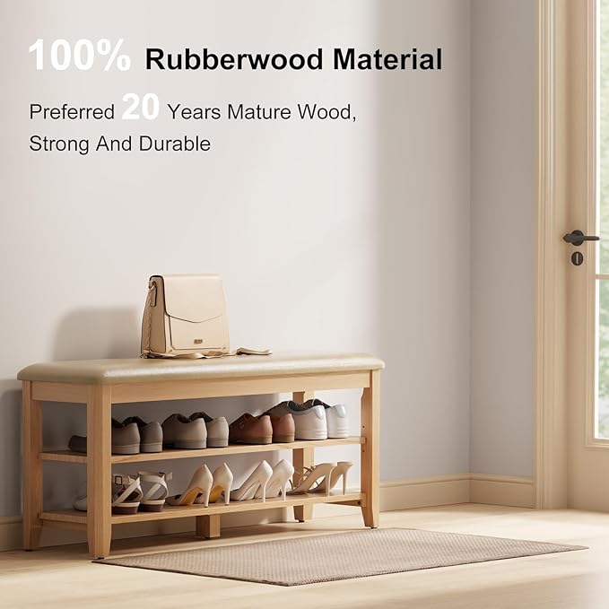 Wood Shoe Rack Bench for Entryway, Shoe Rack for Front Door Entrance with Leather Cushion, 2 Tier Shoe Bench with Shoe Storage for Entryway, Bedroom.