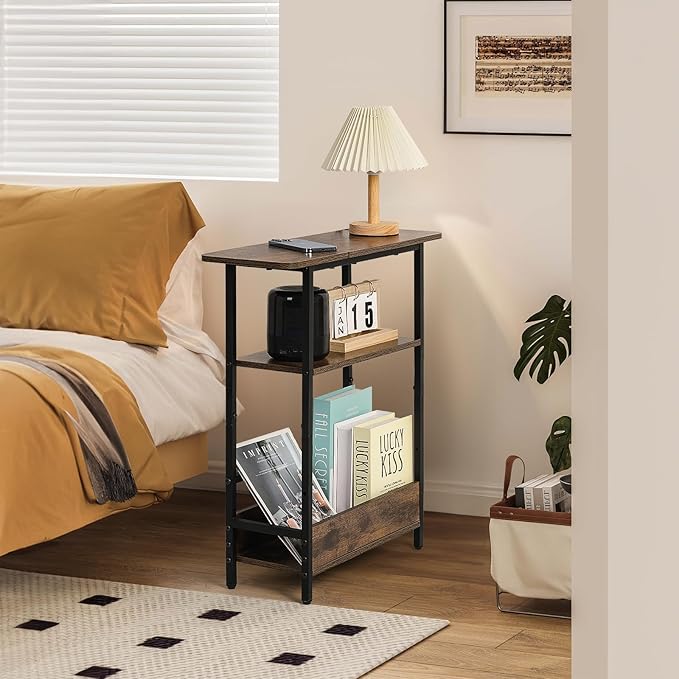 Narrow Side Table for Small Spaces, 3-Tier Small End Table with Storage Shelf and Magazine Holder, Slim and Skinny Nightstand for Bedroom, Living Room Sofa Table for Space Saving, Brown