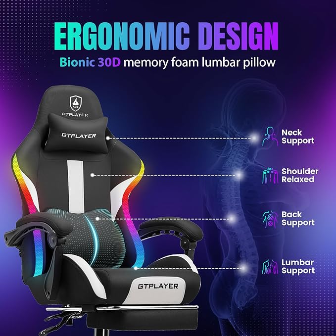GTRACING Gaming Chair with Foot Rest & Racing Style RGB LED Lights, Breathable Fabric for Home Office Desk, Ergonomic High Back Computer Chair with Headrest & Lumbar Support, RGB Black
