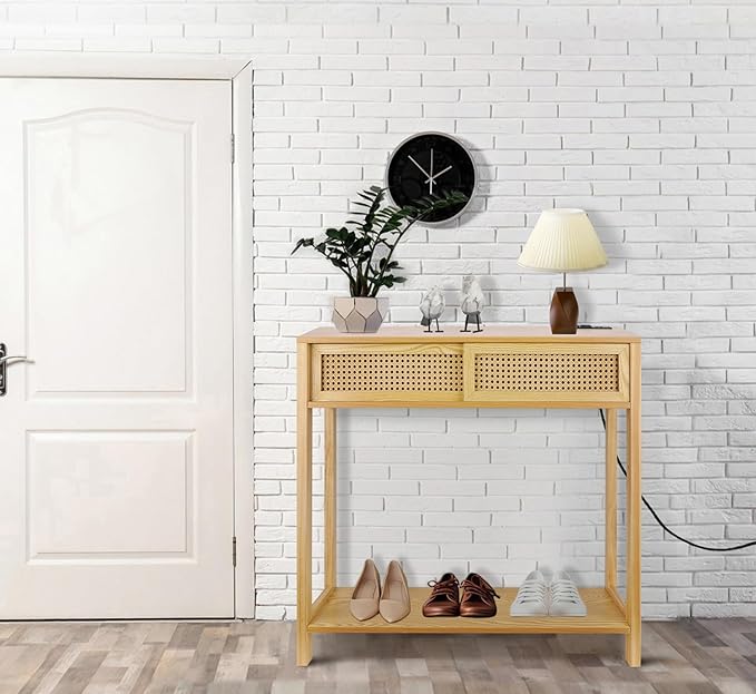 Console Table with Charging Station, Small Vanity Desk, 32" Console Tables for Entryway Table Rattan Dresser Entry Table Narrow Console Table Modern Hallway Table Boho Sofa Table for Living Room