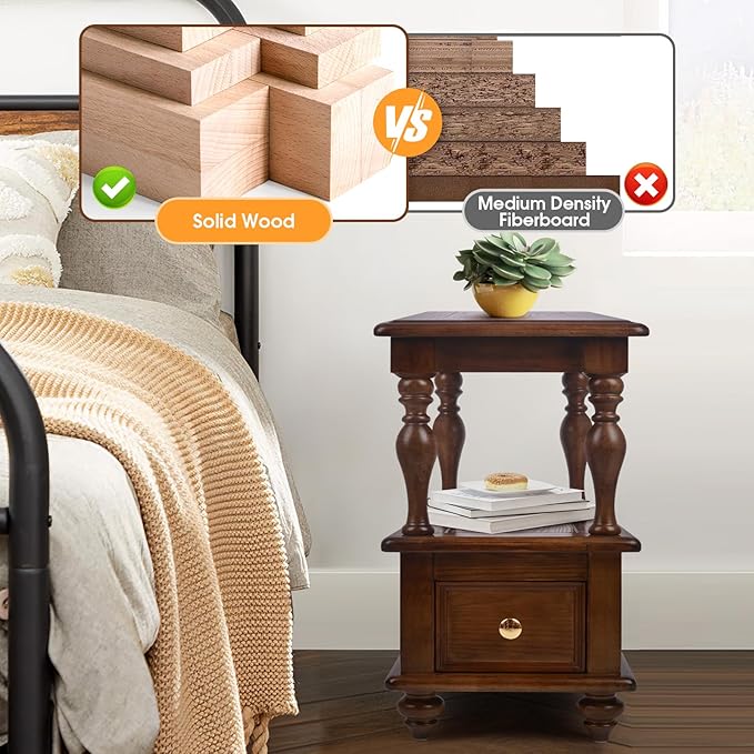 Narrow End Table with 1 Drawer and 2 Hidden Compartments for Living Room, 2-Tier Skinny Couch Side Table with Storage Shelves for Small Spaces, Solid Wood Slim Nightstand for Bedroom, Walnut