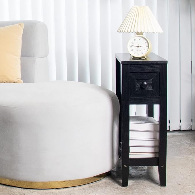 Narrow End Table, Black Side Table with Drawer, Slim Bed Side Table for Small Space/Night Stand Set of 1, Side Table for Couch