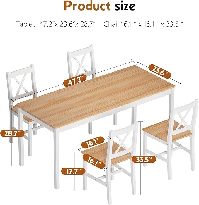soges 5 Pieces Dining Table Set, Pine Wood Kitchen Table with 4 Chairs, 47.2 inch Kitchen Table Set for 4, Rectangular Dining Table Furniture Set for Kitchen, Dining Room, Dinette, White & Oak
