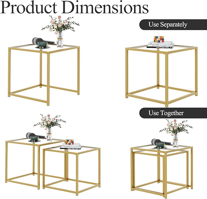 Garden 4 you Coffee Table Set of 2, Modern Glass Nesting Table, Metal Frame Square Center Table Set, Side Tables, Nesting Coffee Table for Living Room, Bedroom and Small Spaces, 19.7in Gold