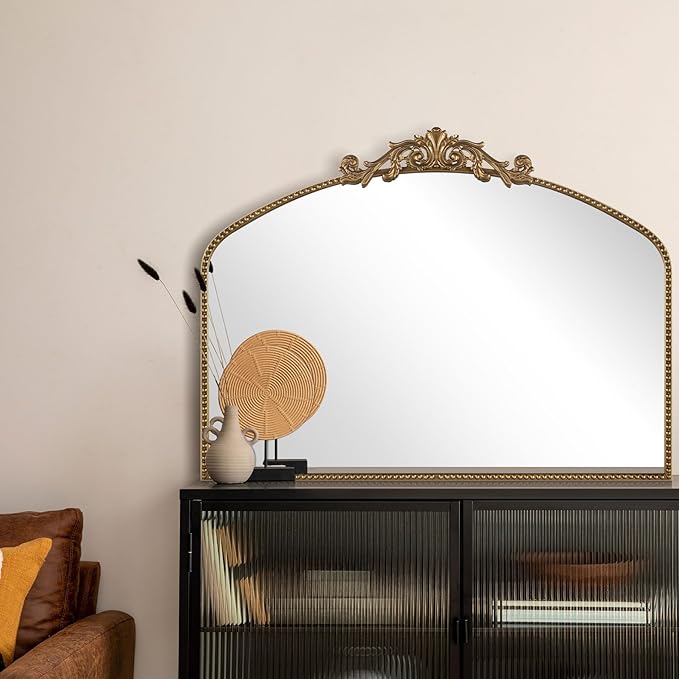 Gold Antique Mirror 40” x 30”, Large Ornate Mantel Mirrors with Arch Frame, Vintage Mirror Over Fireplace, Decorate Gold Beaded Frame for Living Room/Entryway/Dresser
