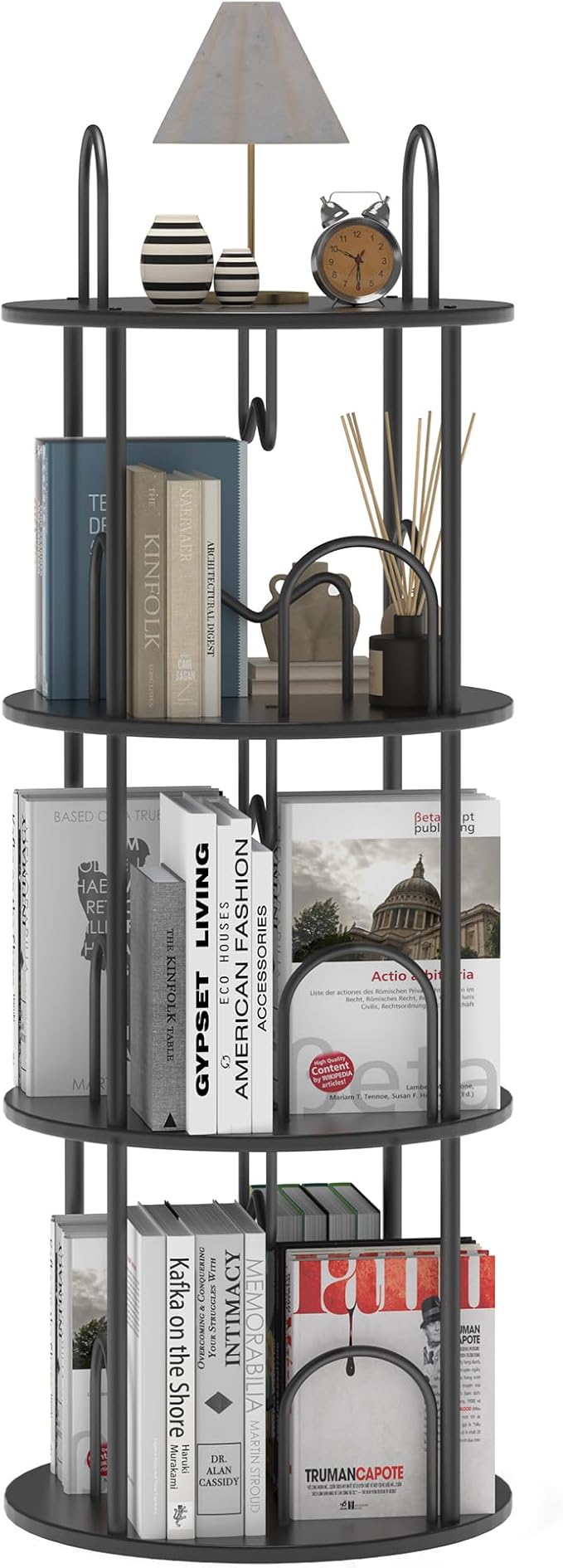 3 Tier Rotating Bookshelf, 360° Spinning Bookshelf Tower, Round Narrow Space Saving for Books and Display, Revolving Bookcase Corner Tall Book Shelf for Small Spaces, Bedroom, Living Room, Black+Black