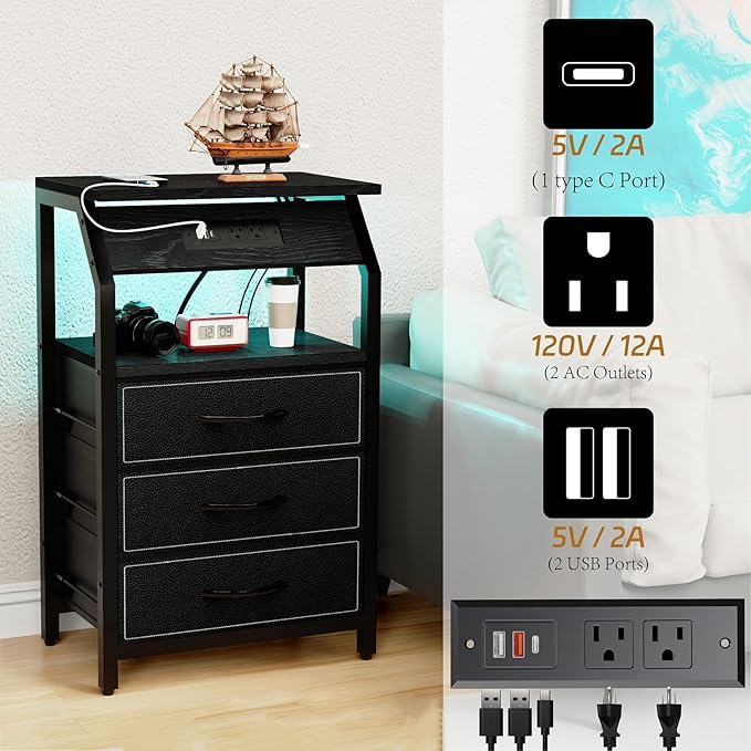 End Table with 3 Drawers, Nightstand with Charging Station and LED Lights, Small Fabric Dresser for Bedside, Storage Side Table for Living Room Dorm, Black