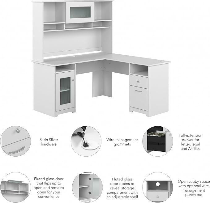 Bush Furniture Cabot L Shaped Desk with Hutch | Corner Desk with Storage for Home Office in White | 60W L Shaped Computer Desk