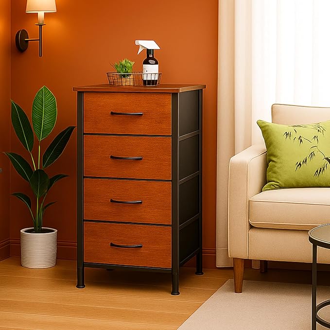 Nightstand with 4 Fabric Bins, Bedside Furniture, Night Stand, End Table Nightstand Storage Tower Unit Organizer with 4 Fabric Bins for Living Room (Rust Brown)