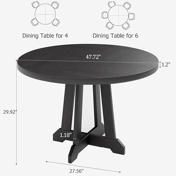 Round Dining Table for 4, 47 Inch Wooden Circle Dinner Table with Sturty Legs, 4 Parts of Tabletop, Round Pedestal Kitchen Tables for Dining Room, Kitchen, Living Room, Brown