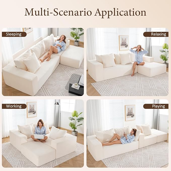 INGEROOM 108" Cloud Sectional Couch with L-Shape Chaise, Modular Sofa Memory Foam, Boneless Sofa with Movable Ottoman, Upholstered Couches for Living Room Bedroom, No Assembly Required, Beige