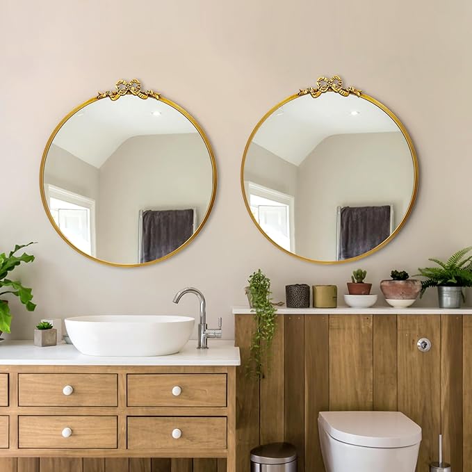 Vintage Gold Round Mirror Decorative Bathroom Vanity Mirrors 27.5inch Antique Metal Ornate Circle Wall Mirror, Baroque Bow Decor for Home Dressing Table,Bedroom,Living Room,Hallway