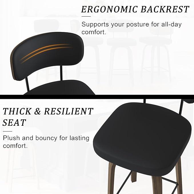 Swivel Counter Height Bar Stools with Back Set of 2, 26" Faux Leather Kitchen Bar Stools with Wood Legs and Metal Footrest for Kitchen Island (Black PU)