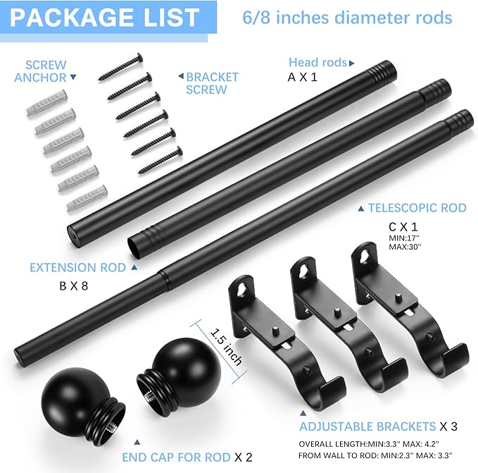 Curtain Rods for Windows 16 to 150 Inches, Curtain Rod Max Adjustable Length of 160 IN, 6/8" Diameter Drapery Rods Round Finials, Black, Pack of 1