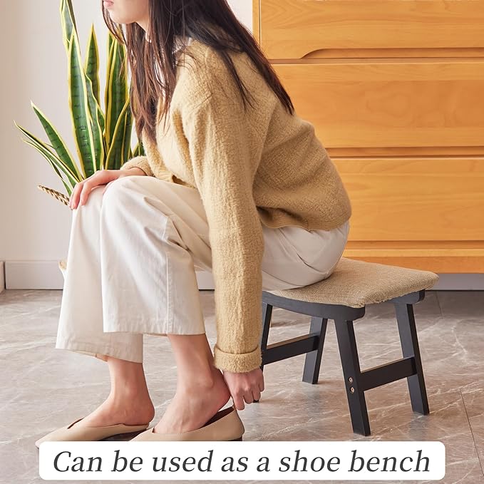 Foot Stool,Ottoman,Bamboo Small Sofa Foot Rest Under Desk,Extra Seating for Living Room, Bedroom and Kitchen (Black Stool Legs - Beige Surface)