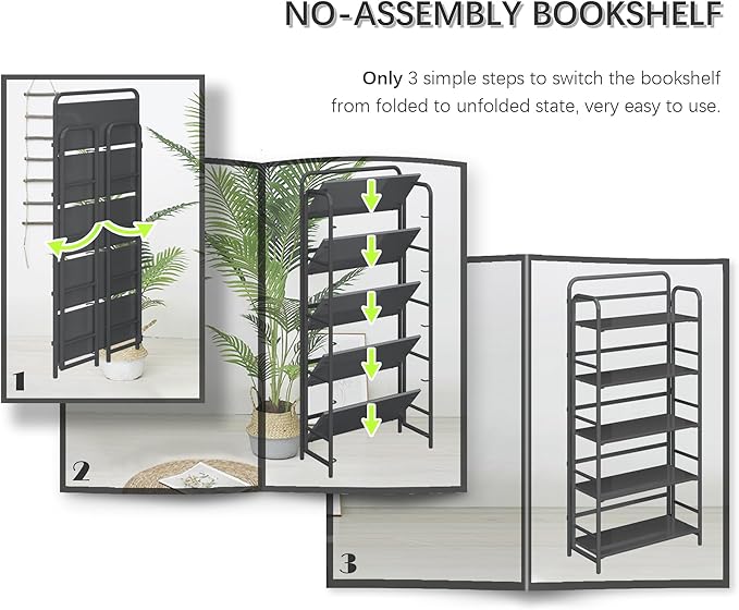 4NM No Assembly Folding Bookshelf 5 Tiers Vintage Industrial Black Book Shelf Metal Foldable Storage Bookcase and Bookshelves for Living Room,Bedroom and Kitchen - Black