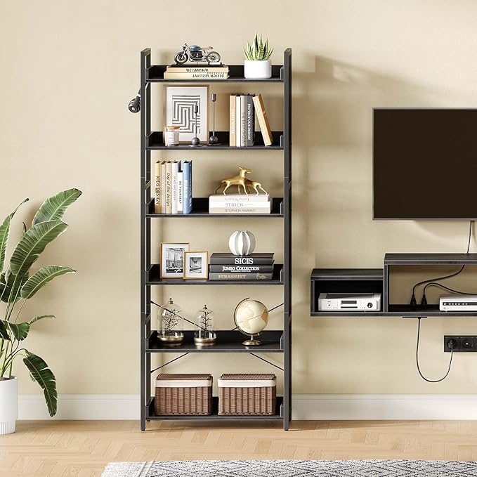 Rolanstar Bookshelf 6 Tier with 4 Hooks, Industrial Bookcase, Vintage Storage Rack with Open Shelves, Rustic Standing Bookshelves Metal Frame Display Rack for Living Room, Bedroom, Black