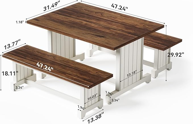 LITTLE TREE Dining Table Set for 4 with 2 Benches, Modern Kitchen Table with MDF Board, Space-Saving Dinette for Kitchen, Dining Room, Brown and White