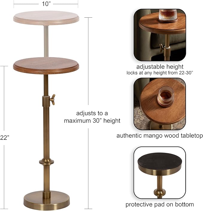 Kate and Laurel Engles Modern Adjustable-Height Pedestal Drink Table; 10 x 10 x 30; Walnut Brown and Brass; Mid-Century Round Indoor Metal Plant Stand with Solid Wood Tabletop