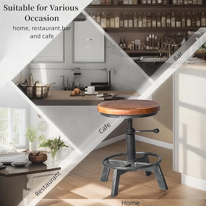 Set of 2-Industrial Bar Stool-Counter Height Chairs- Swivel Wooden Seat- Adjustable 15.2-21"