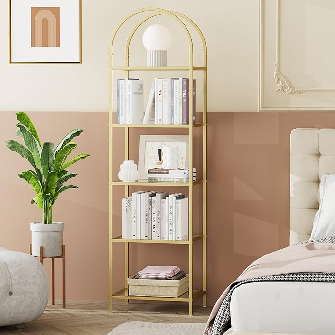 Homhedy Bookshelf Arched Display Racks,Metal Bookcase,Tempered Glass Shelves,Storage Rack Shelf for Home Office,Living Room,Bedroom, Bathroom,Modern Style (Golden, 11.8" D x 13.8" W x 57.1" H)