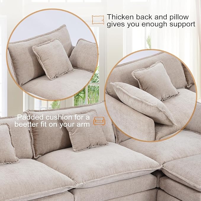 Furniliving 112‘’ L-Shaped Sofa, Luxury Chenille Modular Sectional Couches with Ottoman, Upholstered Deep Seat Sleeper Sofa with Memory Foam and Waist Pillows, Camel