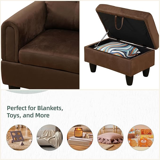 L Shaped Sectional Couches for Living Room, Modern Modular Sectional Sofa with Ottoman Storage, Comfy L Shaped Couch with Chaise for Bedroom Apartment Furniture, Brown
